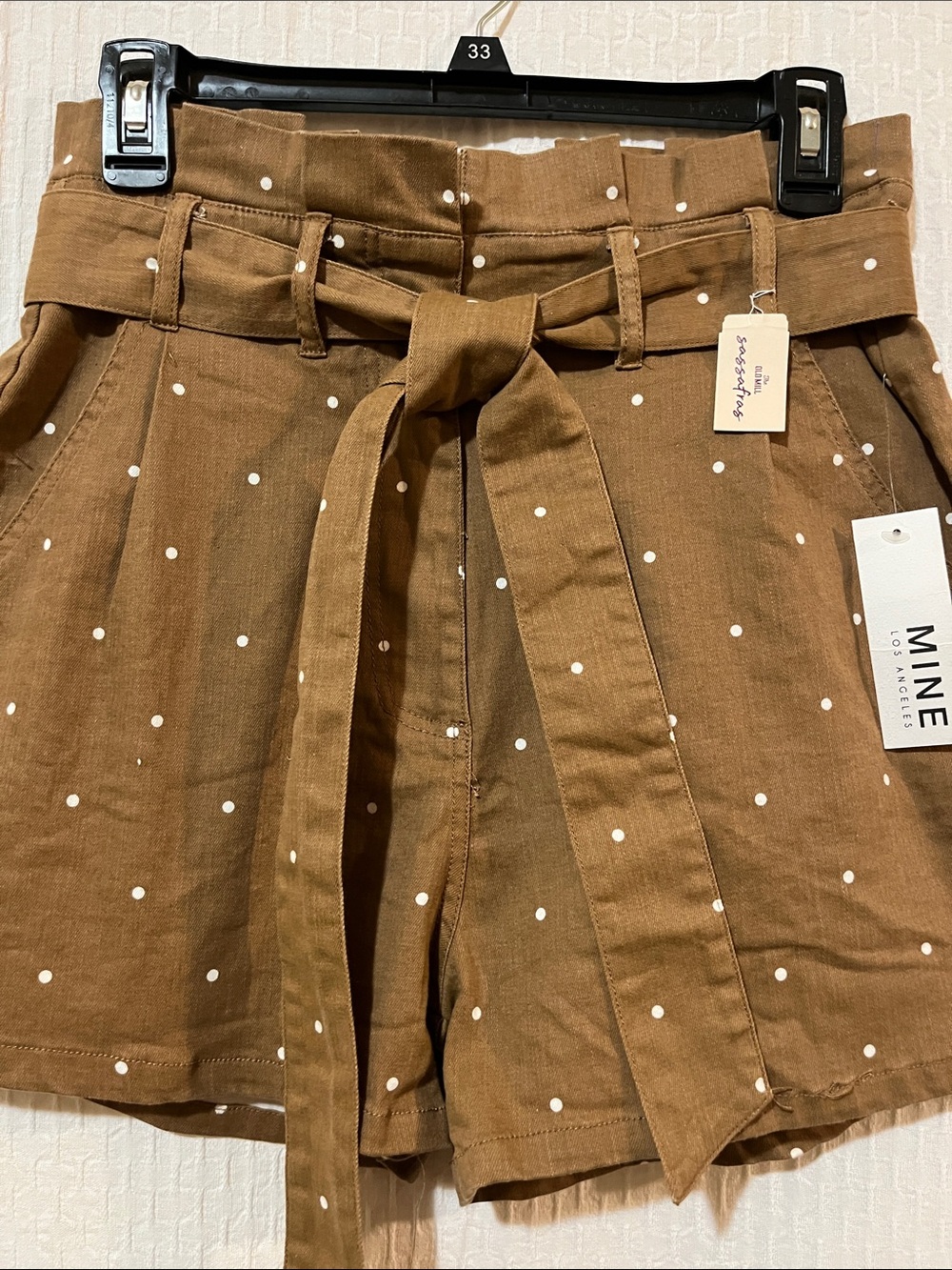 NWT ANTHROPOLOGIE MINE Women’s High Waist Shorts Tan/Wht Polka Dots Belt Pockets